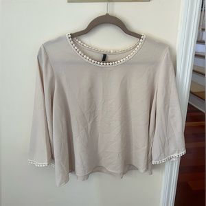 Women’s Light Tan 3/4 Length Sleeve Flowy Blouse with Crochet Circle Details